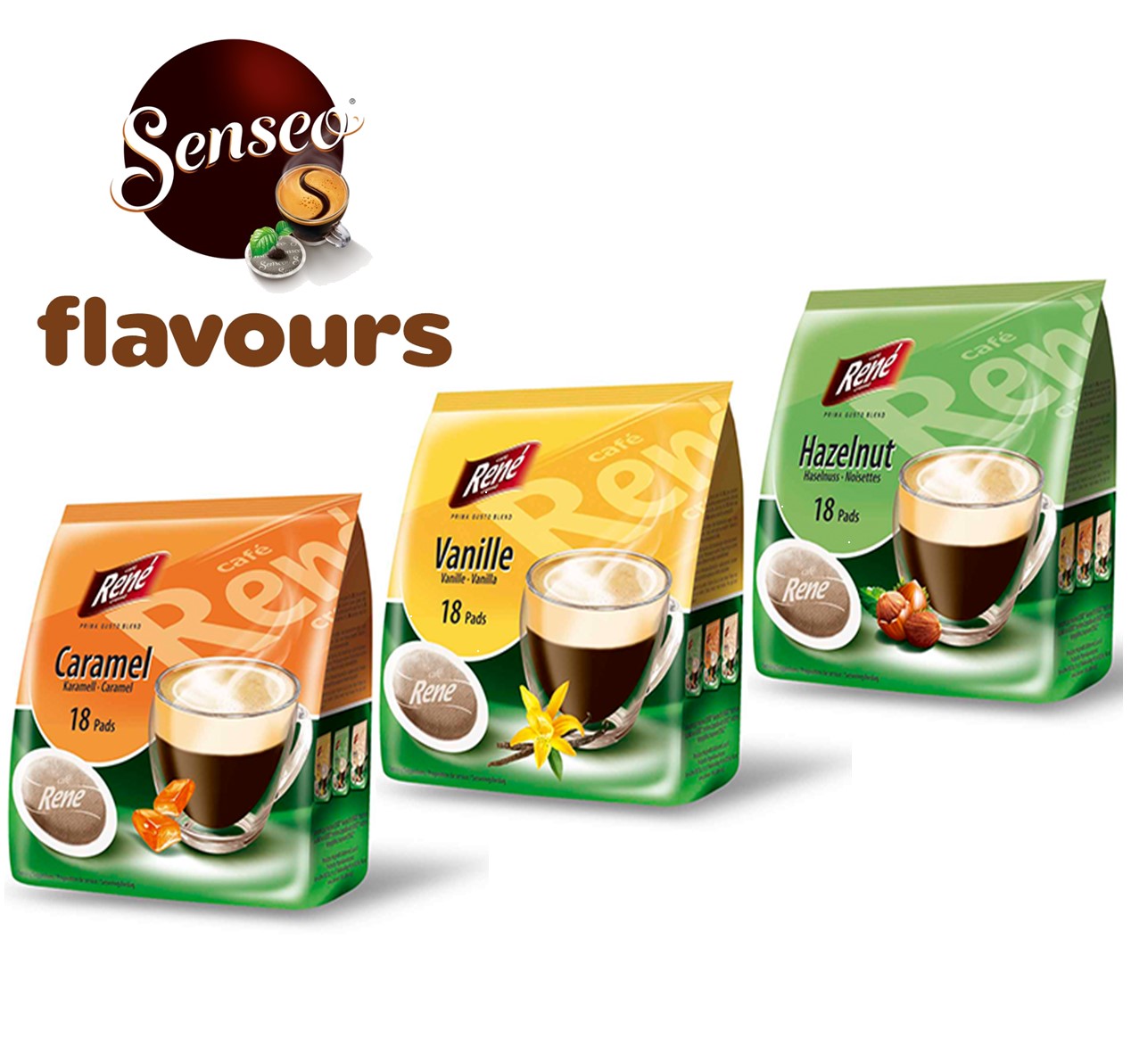 Philips Senseo Cafe Rene - Caramel, Hazelnut, Vanilla Flavoured Coffee - 18  Pads Each/54 Bags Total ** SHORT SHELF DATE ** - CoffeeStar